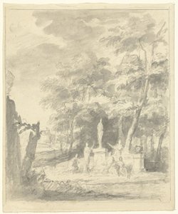 Arcadisch landschap met figuren rond een standbeeld door Dionys van Nijmegen (possibly)