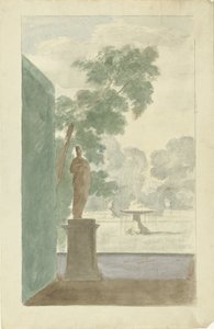 Ontwerp voor een wanddecoratie in een hal: uitzicht op een tuin met een standbeeld, fontein en urnen door Dionys van Nijmegen (possibly)