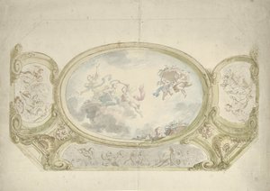 Ontwerp voor een plafondschildering: ovaal met allegorische voorstelling, omringd door scènes met putti door Dionys van Nijmegen (possibly)