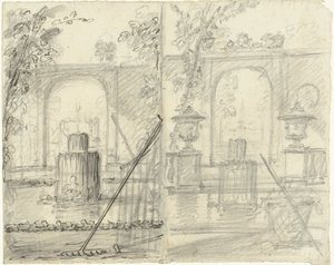 Twee ontwerpen voor een tuingezicht met fontein en tuingereedschap op de voorgrond