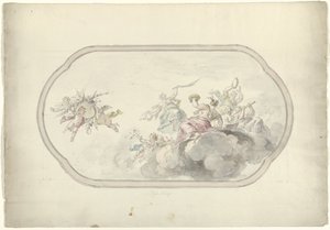 Ontwerp voor een plafondschildering met musicerende vrouwen en putti met bloemenmand als allegorie op Blijdschap door Dionys van Nijmegen
