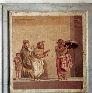 Romeins mozaïek van muzikanten en gemaskerde acteurs in een toneelstuk, Pompeii, Italië