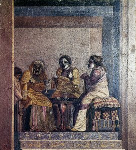 Romeins mozaïek van scène uit toneelstuk met gemaskerde acteurs, Villa van Cicero, Pompeii, ca. 2e eeuw v.Chr. door Dioscurides of Samos