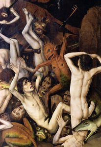 Hel, (detail) van een demon die de verdoemden slaat, c.1450