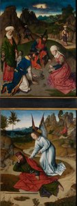 Het verzamelen van het manna en Elia in de woestijn, van het Altaarstuk van het Heilig Sacrament door Dirck Bouts
