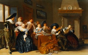 Elegante figuren met instrumenten zittend aan een tafel en een jonge dame die zingt in een interieur, 1637 door Dirck Hals