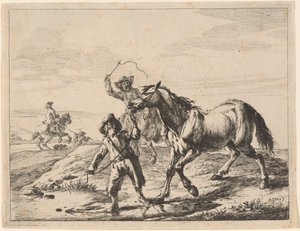 Een jongen brengt een paard te drinken door Dirck Stoop