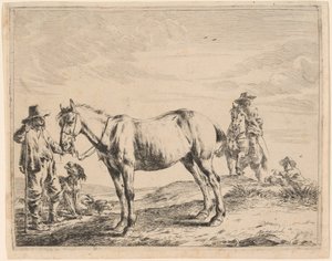 Een man die een paard bij zijn teugel houdt door Dirck Stoop