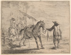 Een Paard dat Plast, Gehouden door een Man door Dirck Stoop