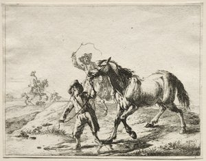 Een jongen brengt een paard naar het water door Dirck Stoop