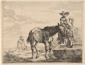 Twee Paarden Drinken bij een Trog