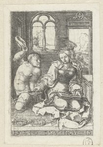Heilige Elisabeth van Hongarije geeft een aalmoes aan een kreupele door Dirck Vellert
