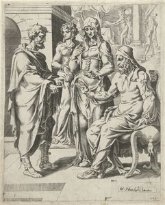 Eliëzer vertelt Laban zijn doel door Dirck Volckertsz. Coornhert (attributed to)