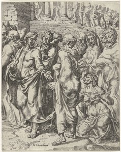 Genezing van de vrouw die aan bloedvloeiingen leed door Dirck Volckertsz. Coornhert (attributed to)