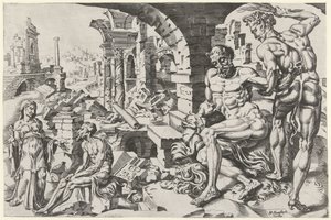 Job wordt door Satan gegeseld door Dirck Volckertsz. Coornhert (attributed to)