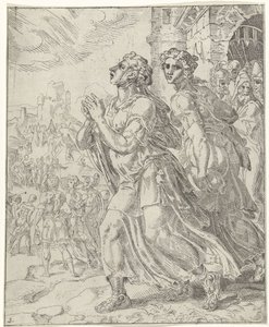 Judit en haar dienares verlaten Bethulië door Dirck Volckertsz. Coornhert (attributed to)