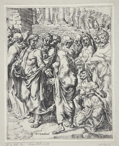 Christus en de vrouw die genezen werd van bloedvloeiing door Dirck Volckertsz. Coornhert