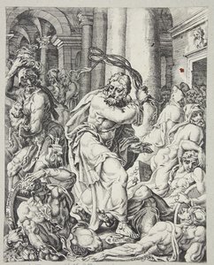 Christus verdrijft de geldwisselaars uit de tempel door Dirck Volckertsz. Coornhert