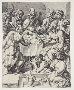 Maria Magdalena droogt de voeten van Christus in het huis van Simon de Farizeeër door Dirck Volckertsz. Coornhert