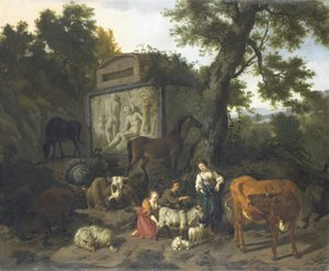 Landschap met herders en vee bij een graf door Dirck van Bergen