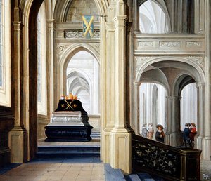 Een kerkinterieur met een koninklijk graf door Dirck van Delen