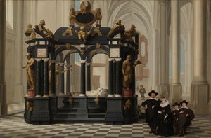 Een familie bij het graf van Prins Willem I in de Nieuwe Kerk, Delft door Dirck van Delen