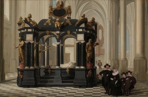 Een familie bij het graf van Prins Willem I in de Nieuwe Kerk, Delft. 1645 door Dirck van Delen