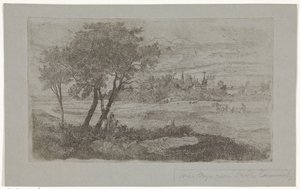Landschap met bomen op de voorgrond en een ploeg op de akker door Dirk Arnoldus Tavenraat