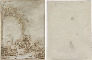 Frontispice voor een Album van Tekeningen: Boeren bij een Fontein (recto) Schets van Boeren bij een Fontein (verso) door Dirk Langendijk