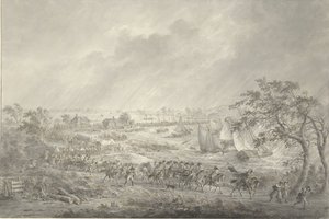 Overtocht van de Engelse en Hannoverse troepen uit Nijmegen naar Lent over de schipbrug over de Waal, 7 november 1794 door Dirk Langendijk