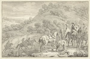 Berglandschap met een afgestegen ruiter en andere jagers te paard door Dirk Maas