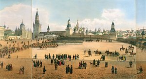 Kathedraal van Sint-Basilius gezien vanaf het Kremlin, uit een panorama van Moskou, gegraveerd door Philippe Benoist en Aubrun, ca. 1840 door Dmitri Indieitzeff