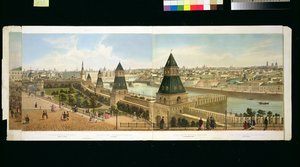 Het vondelingenhuis en Zamoskvoreche vanaf het Kremlin, uit een panorama van Moskou, gegraveerd door Philippe Benoist en Aubrun, uitgegeven door Lemercier, c.1840