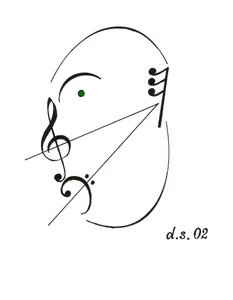 Diminuendo gezicht - een zingend gezicht getekend met het muzikale symbool voor diminuendo en verschillende andere muzikale notaties door Dmitri Smirnov