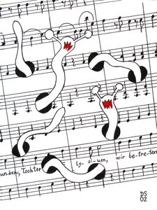 Feest van Vreugde - tekening van een muziekpartituur met wormen die zich door de pagina heen eten door Dmitri Smirnov