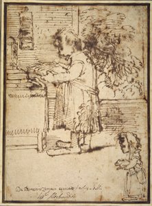 Karikatuur van de Aldobrandini-theoloog, met een vrouwelijke dwerg die haar hond vasthoudt door Domenichino