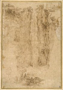 Landschap met een waterval; aan de voet, twee mannen, een te paard door Domenichino