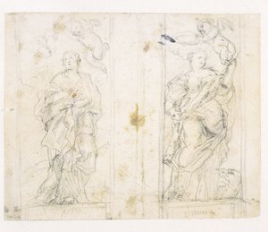Twee nissen met staande figuren van de heiligen Agatha en Margaretha gekroond door putti door Domenichino