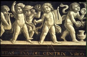 Fries van Cherubijnen, uit de Geboorte van de Maagd (detail) door Domenico Ghirlandaio