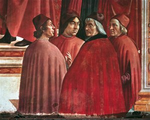 Verhalen van de Maagd Maria: Aankondiging aan Zacharias, detail van Cristoforo Landino, Angelo Poliziano en Marsilio Ficino, ca.1485-90 (fresco) door Domenico Ghirlandaio