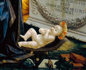 Het Kind Christus; detail van het schilderij dat de Aanbidding van de Herders afbeeldt
