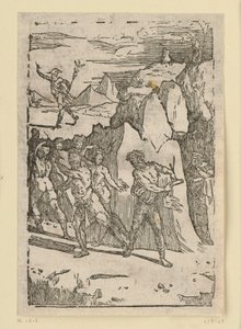 Allegorie van de metaalwinning. De metalen hebben het binnenste van de berg verlaten en slaan op de vlucht wanneer de vulkaan (Hephaistos) hen sommeert hem naar de smederij te volgen. Uit de reeks „De re metallica“.