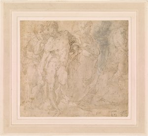 Beccafumi - Staand mannelijk naakt tussen een groep figuren, waarvan één liggend, ca. 1530-1540 door Domenico Beccafumi
