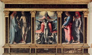 Drieluik van de Drie-eenheid: Sint Cosimo, Sint Johannes de Doper, de Drie-eenheid, Sint Johannes de Evangelist en Sint Damien. Inscriptie 