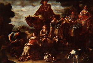 Boeren op weg naar de markt met een meisje dat een geit melkt door Domenico Brandi