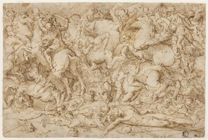 Gevechtsscène met paarden en mannen