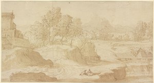 Figuratief landschap, rechts een rivier met een brug bij molens, vooraan twee zittende figuren door Domenico Campagnola