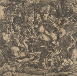 Groep naakte mannen in gevecht in een boslandschap, sommigen te paard, een hond erbij, 1517 door Domenico Campagnola