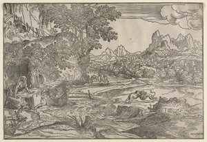 Landschap met Sint Hiëronymus en Twee Leeuwen, ca. 1530-35 door Domenico Campagnola