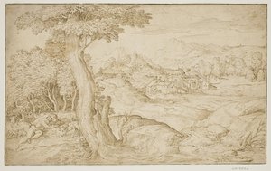 Landschap met een stad en een slapende herder